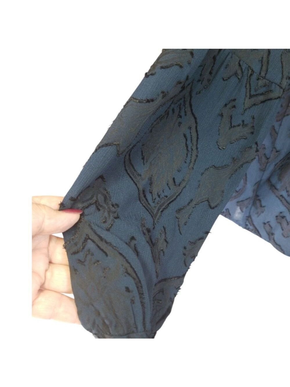 Loft Blouse Blue With Black Velvet Textured Burnout Pattern Top Size Medium - Picture 3 of 8